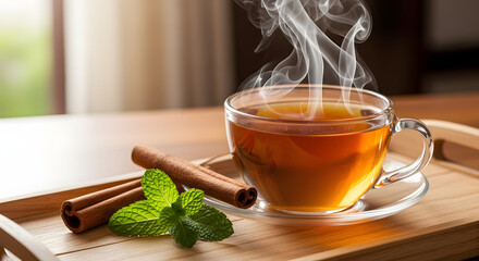 A glass cup of hot tea with steam on a wooden tray with cinnamon sticks and mint leaves displayed
