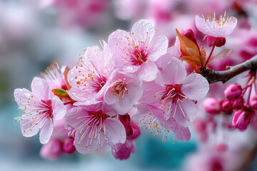 Pink blossoms with dewdrops on a spring branch
