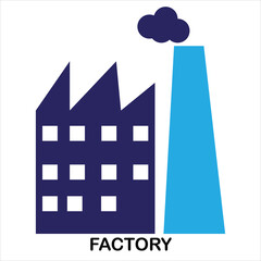 Simple factory icon with smoke and text factory on white background industrial building