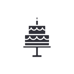 A black, stylized two-tiered birthday cake icon with frosting and a lit candle.