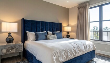 Navy and Beige Hotel Suite With Velvet Headboard