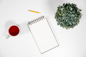 Clean, minimalist workspace with a blank spiral notepad, red tea, and green plant. A versatile background for education, business, or personal to-do lists.