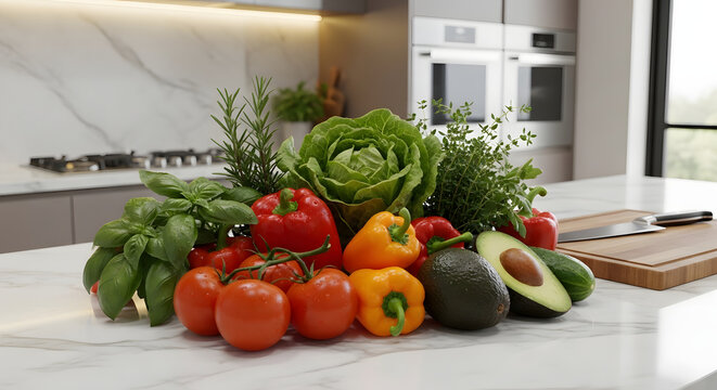 A vibrant display of fresh produce on a modern kitchen countertop with natural light streaming in - Powered by Adobe