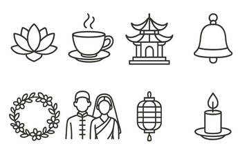 Oriental Wedding Icons. Oriental wedding theme linear icon set: lotus, tea cup, temple, bell, flower wreath, wedding couple, lantern, candle , delicate thin lines, festive feeling