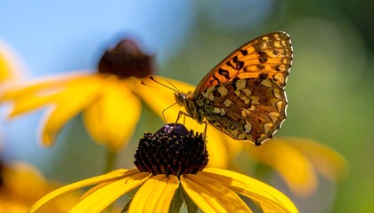 Butterfly rests on a bright yellow flower, against a blurred, sunny backdrop
