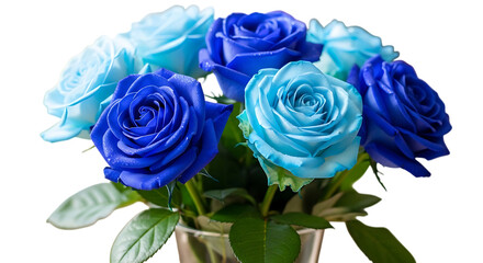 Vibrant bouquet of blue and light blue roses with delicate water droplets on petals