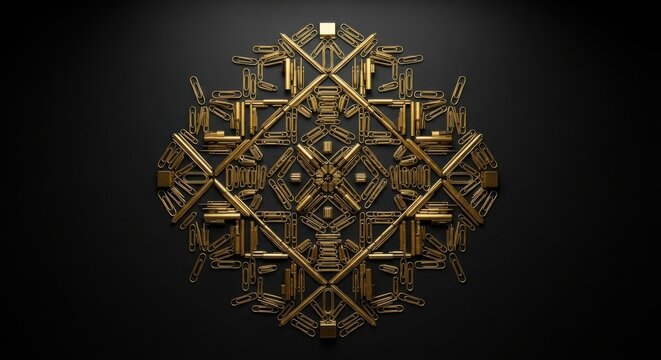 Golden geometric abstract pattern on a dark background, intricate design