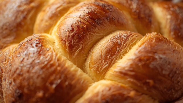 The intricate texture of braided challah bread, showcasing the soft golden brown color of the dough, and the delicate swirls of the braids