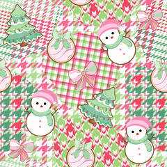Christmas Seamless Pattern. Christmas and New year Holiday Repeatable Pattern, Houndstooth, check, snow man, Christmas tree, bow creative
