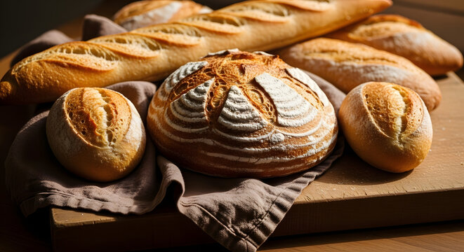 A display of assorted breads including baguettes and round loaves on a wooden surface with a cloth - Powered by Adobe