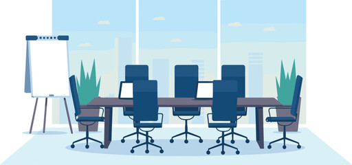 Modern conference room interior with meeting table chairs laptops flip chart large windows office workspace design cad drawing flat vector illustration