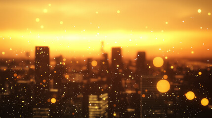 Golden city skyline at sunset with sparkling bokeh creates a magical urban atmosphere perfect for modern designs