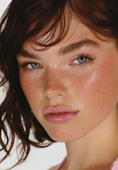 Freckled woman with glowing skin in natural light