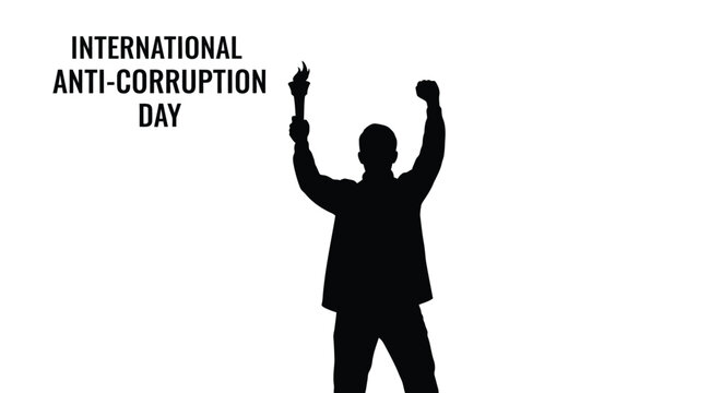 Silhouette of a person raising hands in celebration of international anti corruption day