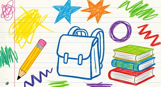 Colorful School Supplies Drawing on Lined Paper Illustration