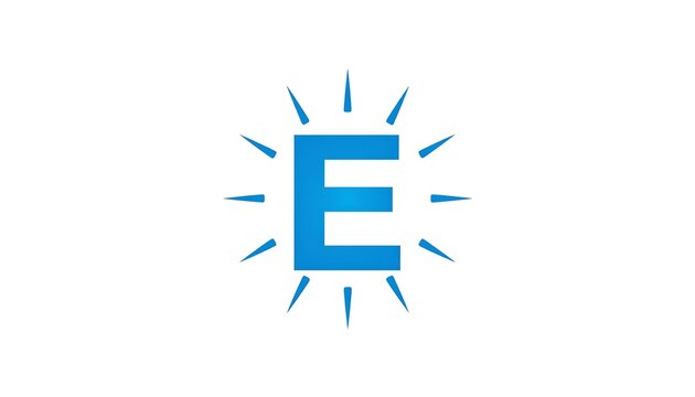 Blue letter E surrounded by radiating lines against a white background, creating a sunburst or starburst effect