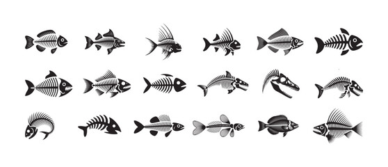 Fish skeletons vector set, fish bones collection flat design marine icon pack black isolated on white background