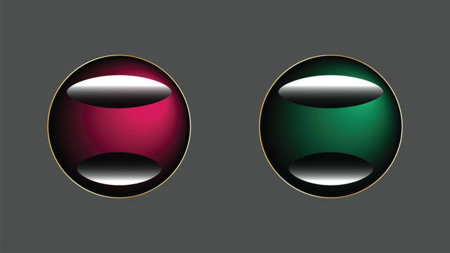 Two glossy spheres with gold rims on gray background