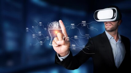 A man wearing a virtual reality headset engages with a futuristic interface showcasing artificial intelligence concepts and holographic technologies. Raster - Powered by Adobe