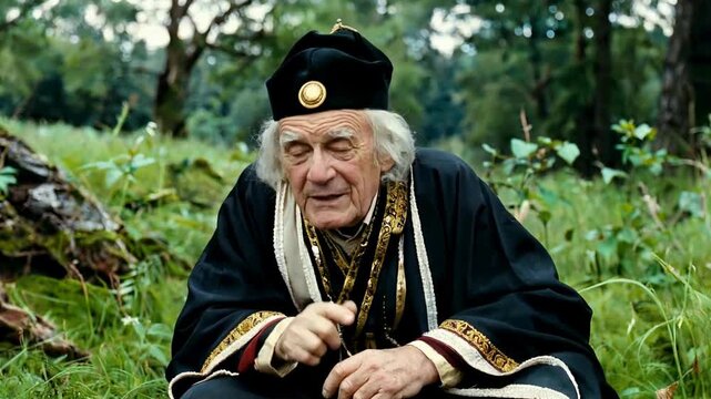 Elderly man in traditional academic gown and cap sitting outdoors in a lush green park setting