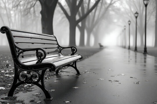 Peaceful park bench in a foggy setting during early morning hours - Powered by Adobe