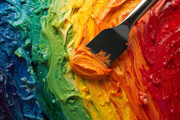 Artist palette knife mixing thick orange oil paint on colorful textured background