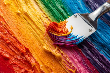 Artist palette knife mixing thick orange oil paint on colorful textured background