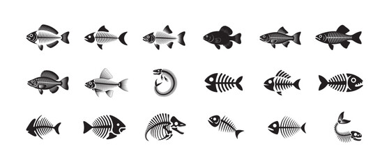 Naklejka premium Large collection of various fish and fish skeleton illustrations isolated on white background