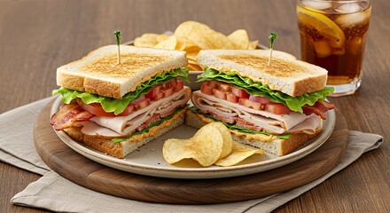 A classic turkey and bacon club sandwich on toasted bread, served with potato chips and a glass of iced tea.