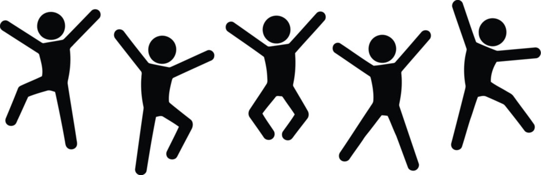 Black Stick Figures Jumping and Celebrating, Isolated on White Background, Symbolizing Joy and Freedom