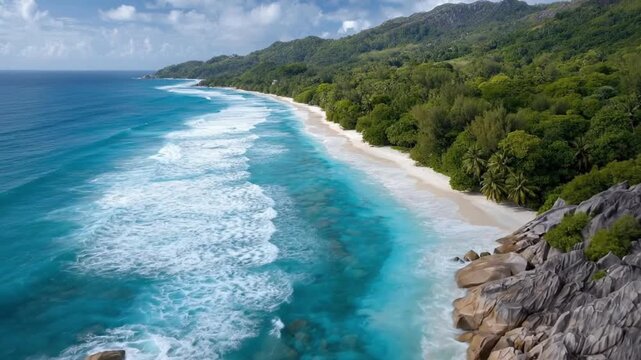 This stunning aerial view captures the pristine beauty of a tropical coastline. Turquoise ocean waters gently lap against a stretch of white sandy beach, creating mesmerizing patterns of foamy white w