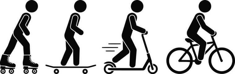 Obraz premium Pictogram Set Showcasing Various Active Transportation Methods Roller Skating, Skateboarding, Scooter Riding, and Biking