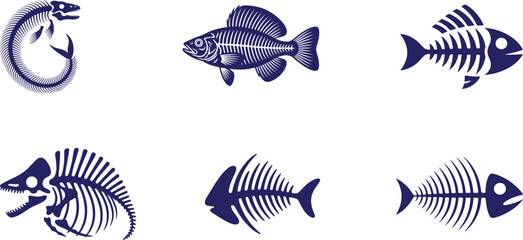 Set of various fish skeletons and fish bone designs in dark blue over a transparent background © MDIKRAM