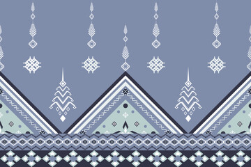 Elegant tribal textile design featuring intricate geometric motifs in muted blue-grey tones. Traditional ethnic patterns with diamond shapes, chevrons and decorative borders.