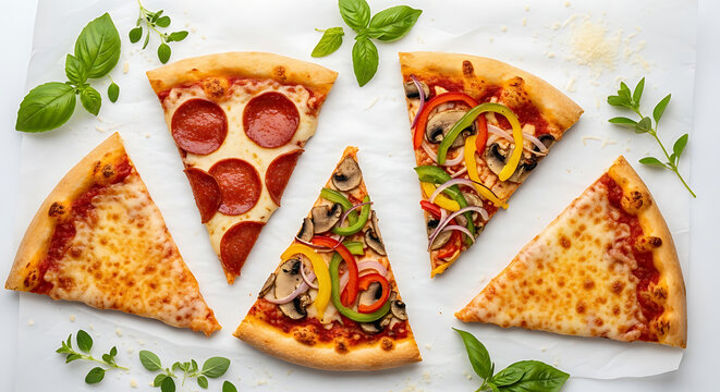 An overhead shot of assorted pizza slices, including pepperoni, cheese, and vegetable toppings, arranged on a white surface with basil and oregano.