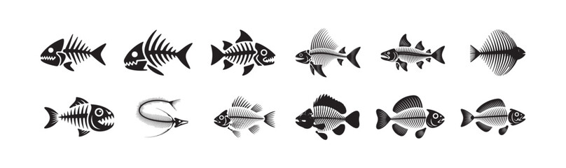 Collection of detailed fish skeletons and fish bone designs in black and white isolated