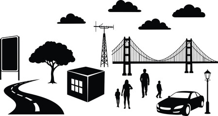 Naklejka premium Cityscape silhouette with bridge people car and construction elements