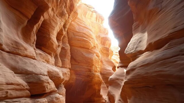 This stunning video captures the mesmerizing beauty of a majestic slot canyon, revealing nature's intricate artistry carved into ancient rock formations. The smooth, undulating sandstone walls, painte