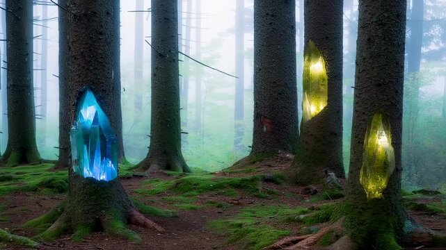 Forest scene with trees, moss, and glowing crystals embedded within