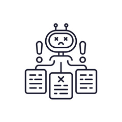 AI hallucination icon with incorrect information, false data and robot, line design