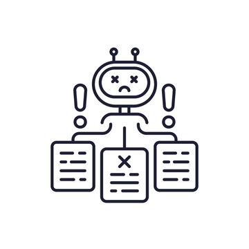 AI hallucination icon with incorrect information, false data and robot, line design