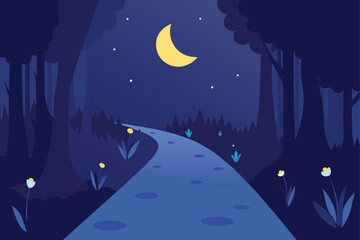 Moonlit forest path at night with glowing flowers Vector
