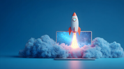 Rocket launching from laptop screen, starting business innovation