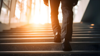 Businessman walking up stairs achieving career success and ambition