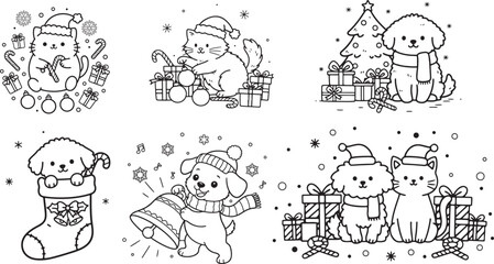 Cozy Christmas Cat and puppy vector coloring page for kids and adults