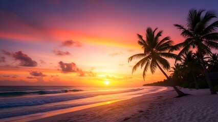 Dramatic, vibrant sunset over a tropical beach with palm tree silhouettes swaying against the orange, pink, and purple sky.
