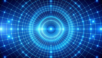 Futuristic Blue Grid Tunnel with Glowing Light Effect.