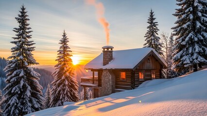 Snow covered wooden cabin in a pine forest at sunrise. Smoke rises from the chimney, creating a warm and cozy winter atmosphere.