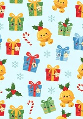 Obraz premium Festive Christmas pattern with gifts, bells, candy canes and snowflakes.