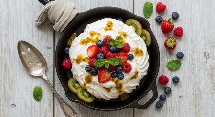 Delicious dessert with whipped cream and assorted fresh berries
